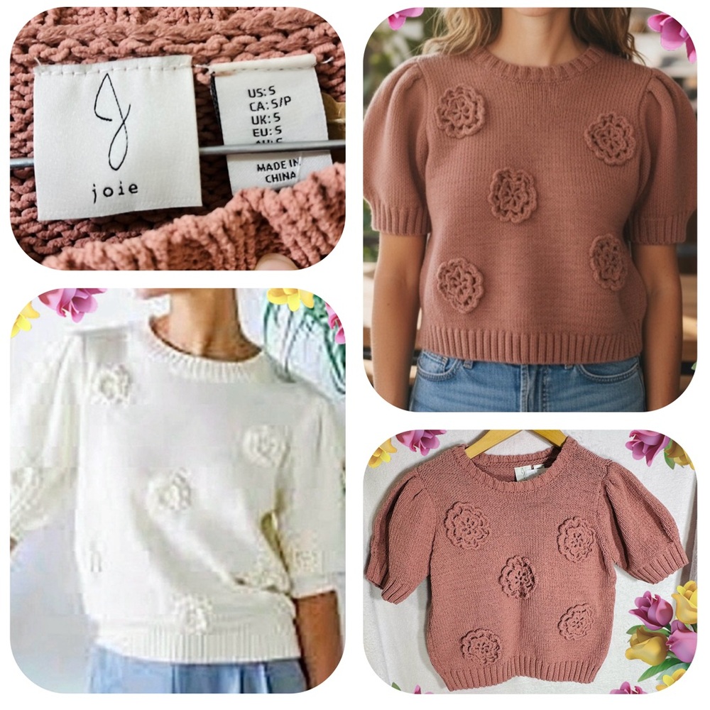 NWOT Joie Pink 3D Floral Appliqué Short Sleeve Pullover Knit Crewneck Sweater S